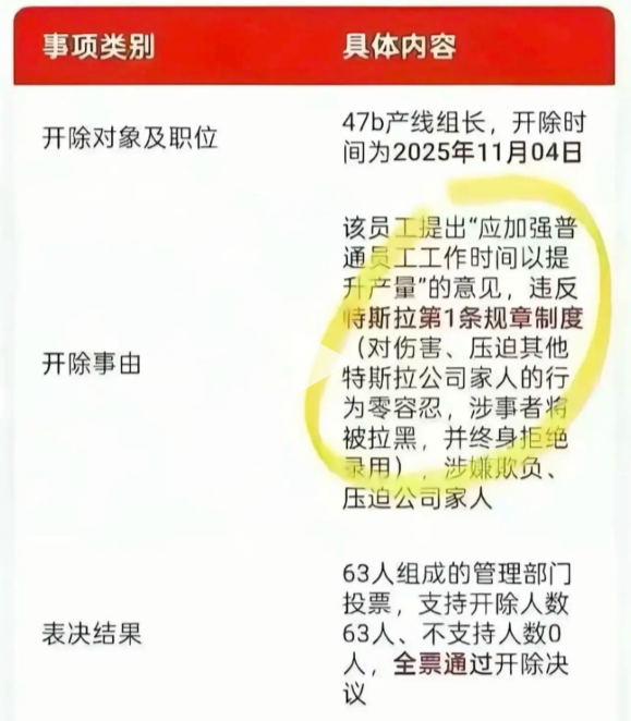 网传特斯拉产线组长因提倡加班提升产能 结果被全票表决开除