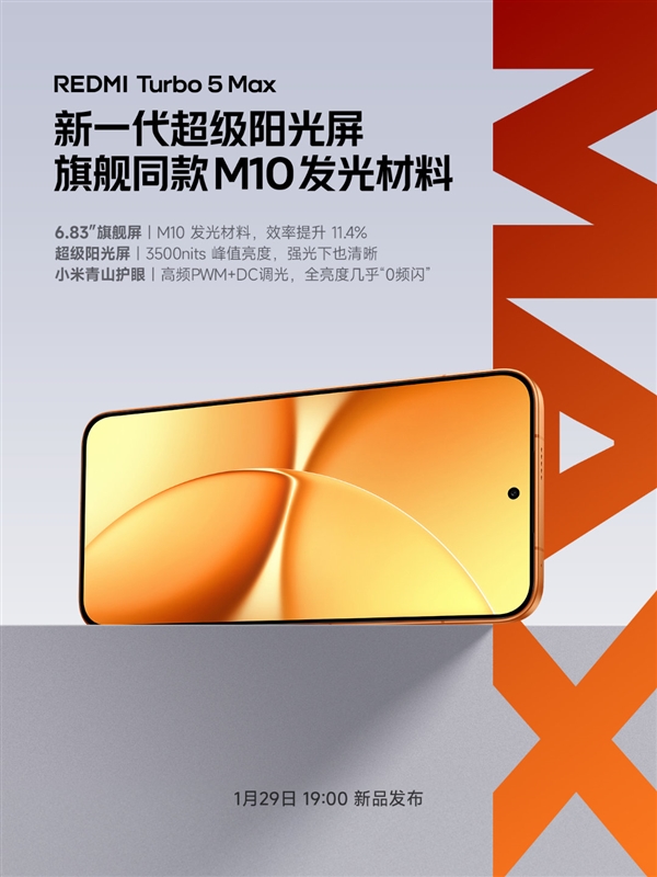 REDMI Turbo 5 Max搭载新一代超级阳光屏：6.83英寸、3500nits亮度