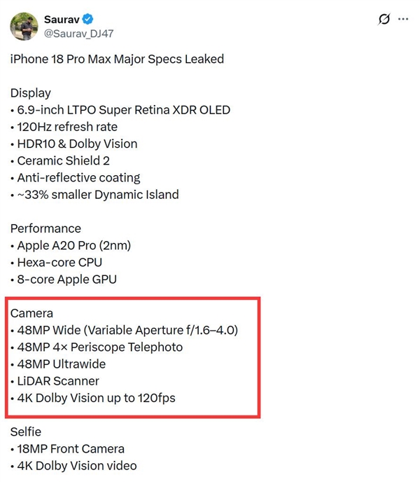 iPhone 18 Pro首次搭载可变光圈镜头：光圈参数与华为Pura 80 Pro保持一致