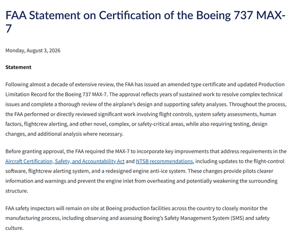 等了8年！波音737 MAX 7终于拿到FAA适航证 但产线仍有安全员监工