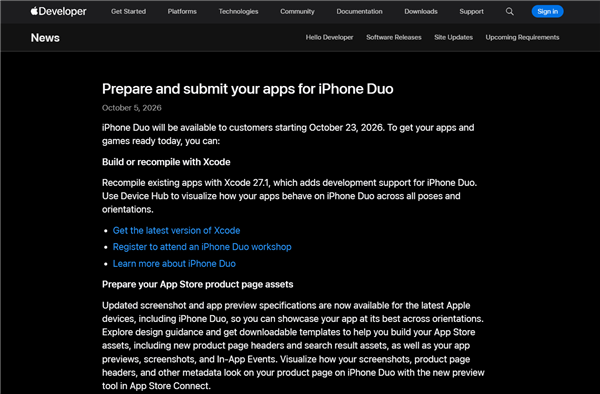iPhone Duo发售在即！苹果开放适配应用提交：2027年4月起有新要求