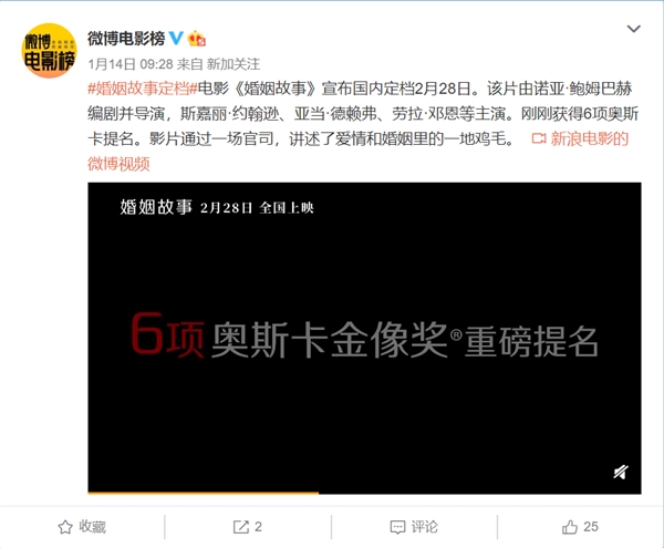 获奥斯卡6项提名/豆瓣8.7分 《婚姻故事》定档2月28日