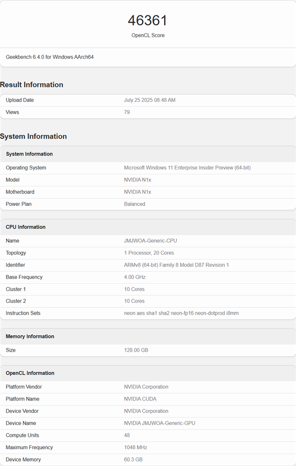 NVIDIA N1X处理器GPU规格、跑分曝光:核心数与RTX 5070相同!