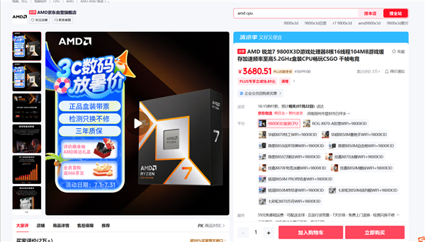 全球最快的游戏CPU!AMD 9800X3D降至历史最低价:现货