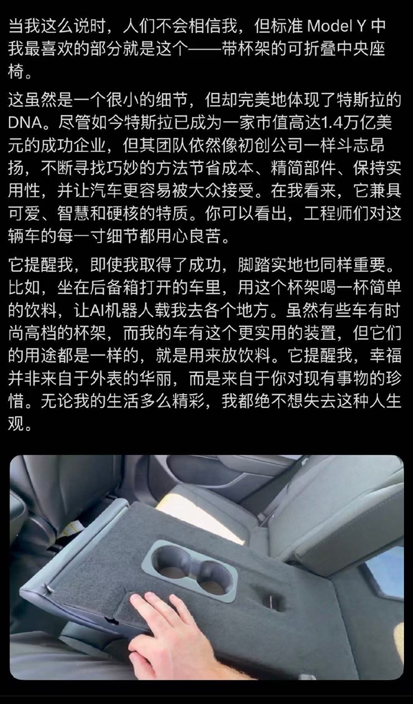 完美体现特斯拉DNA!网友从廉价版Model Y后排杯架悟出人生哲理