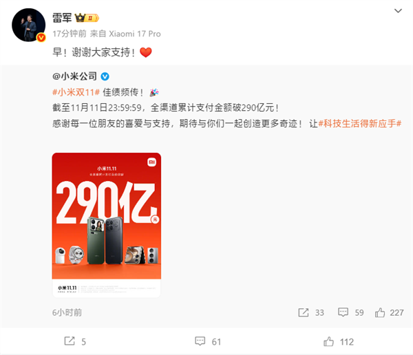 小米双11销售额破290亿!雷军:谢谢大家支持